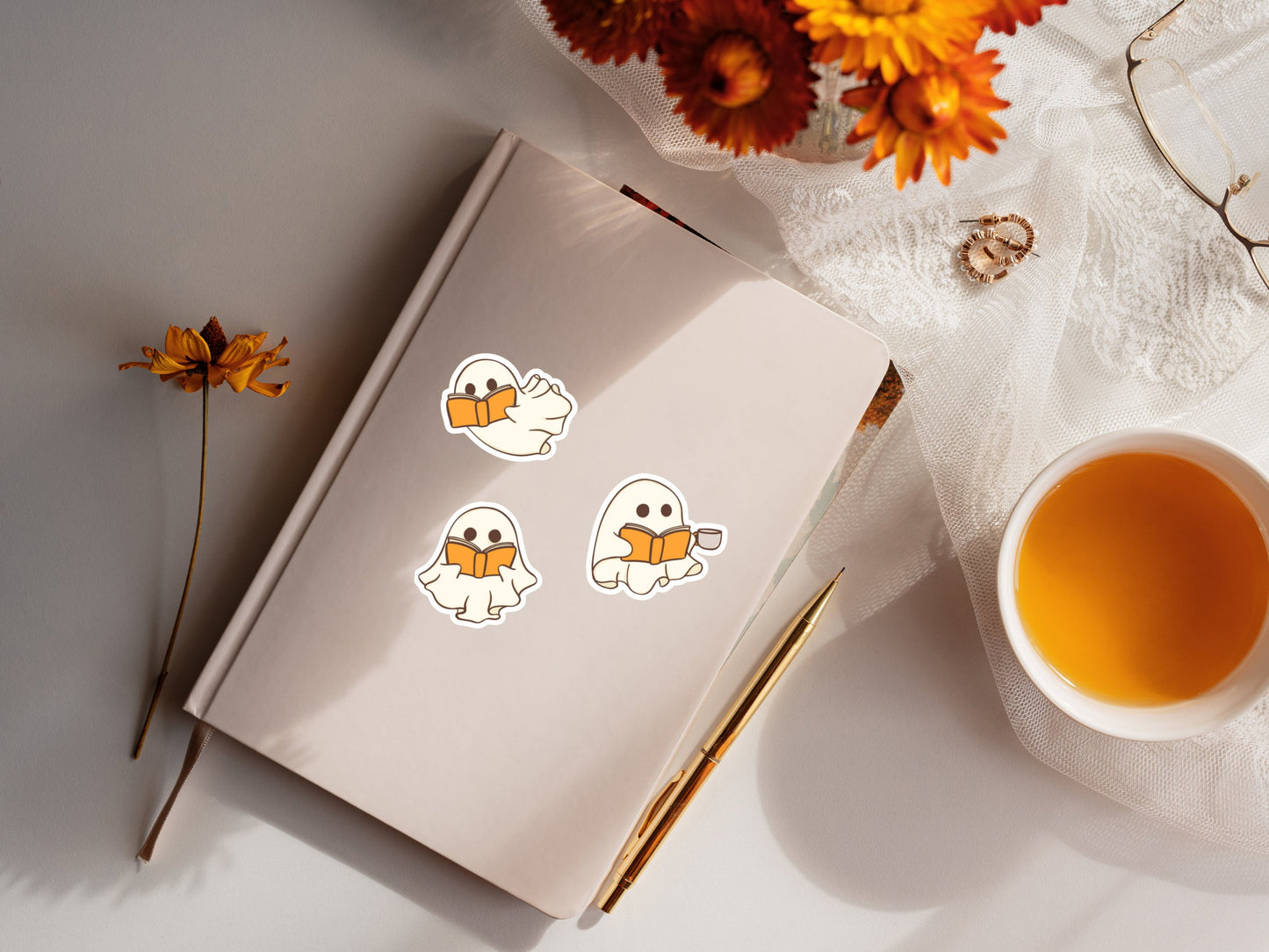 Cute Bookish Ghost Reading Stickers