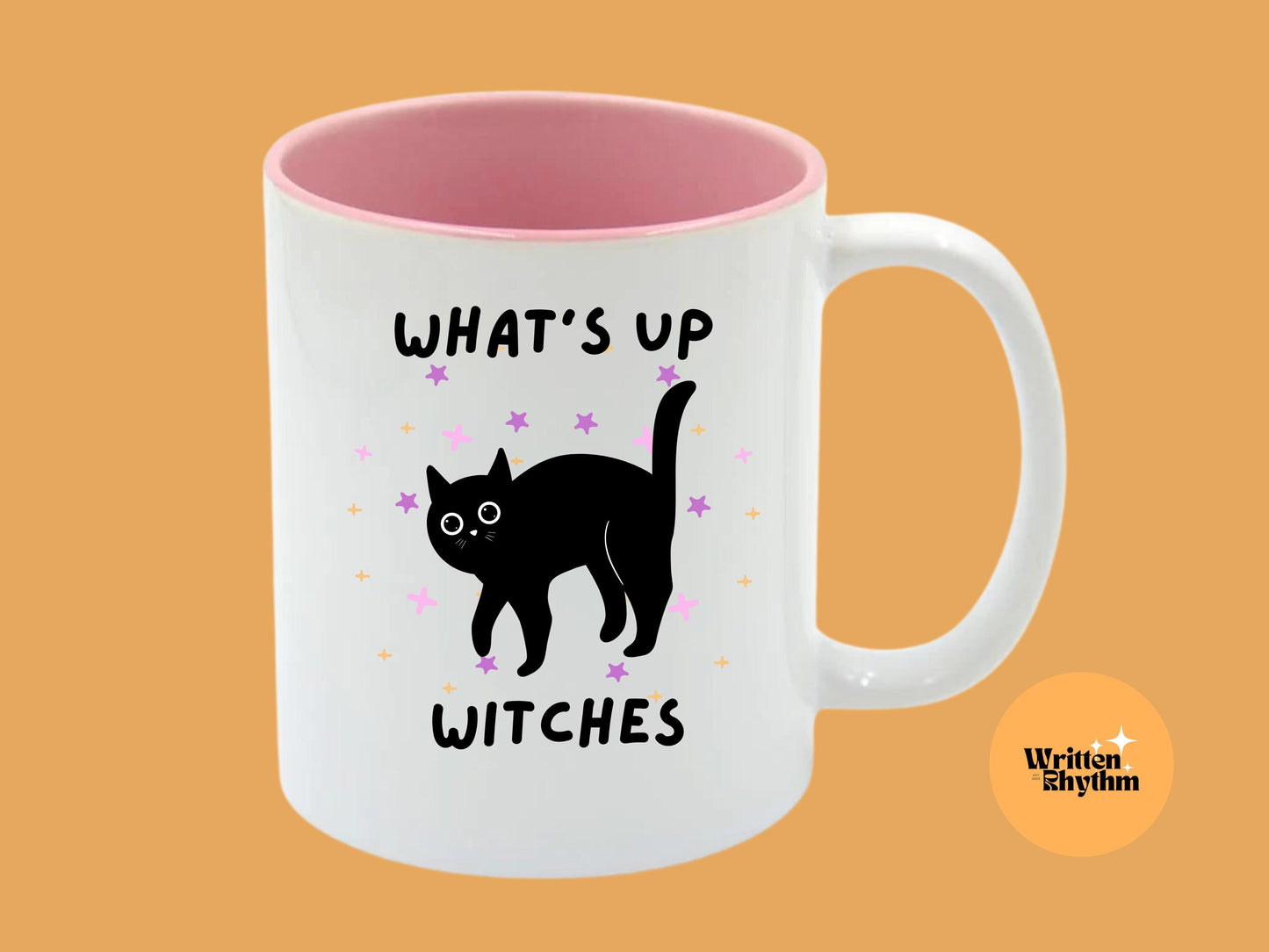 Black Cat Halloween Mug: Spooky What's Up Witches Coffee Cup