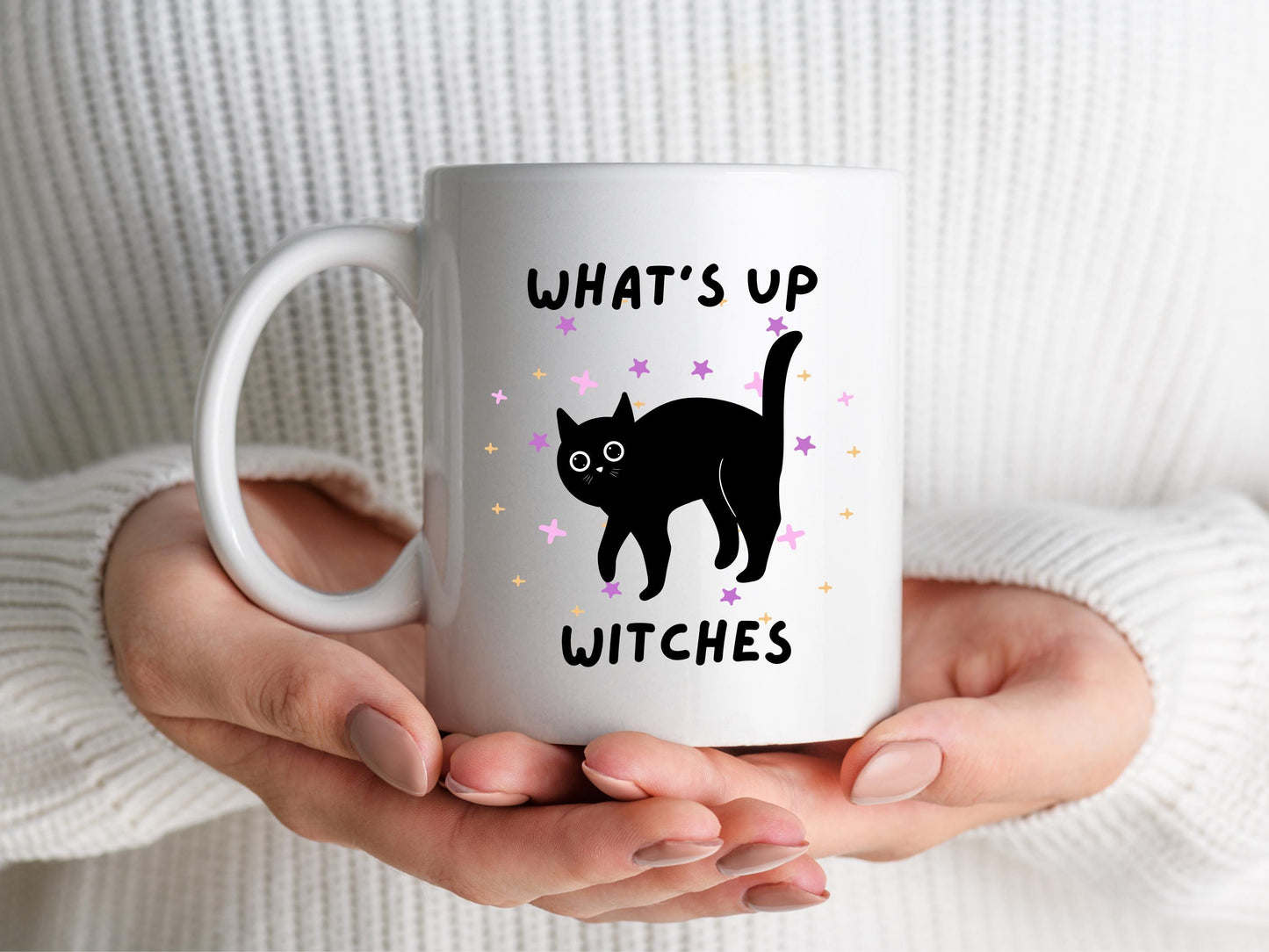 Black Cat Halloween Mug: Spooky What's Up Witches Coffee Cup