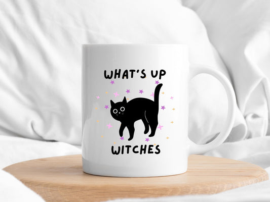 Black Cat Halloween Mug: Spooky What's Up Witches Coffee Cup