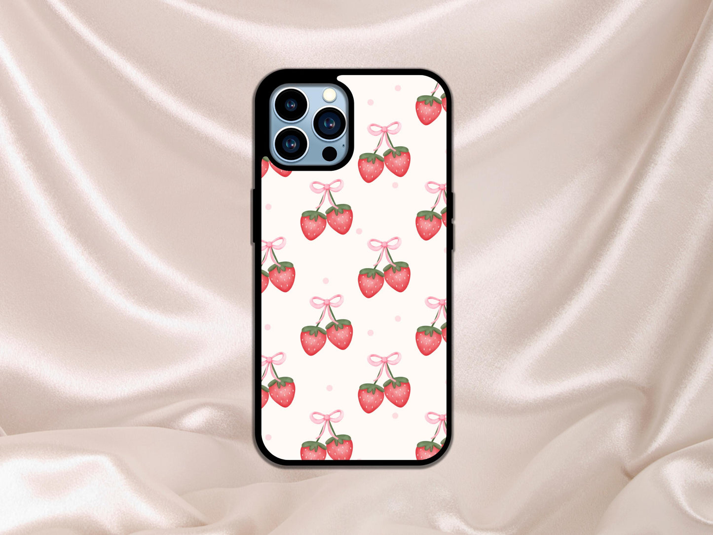 Strawberry Print Phone Case, Strawberries Pattern Plastic Rubber Phone Case For iPhone, Pink Strawberry Phone Cover, Cute Girly iPhone Cases