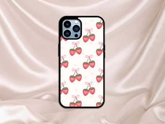 Strawberry Print Phone Case, Strawberries Pattern Plastic Rubber Phone Case For iPhone, Pink Strawberry Phone Cover, Cute Girly iPhone Cases