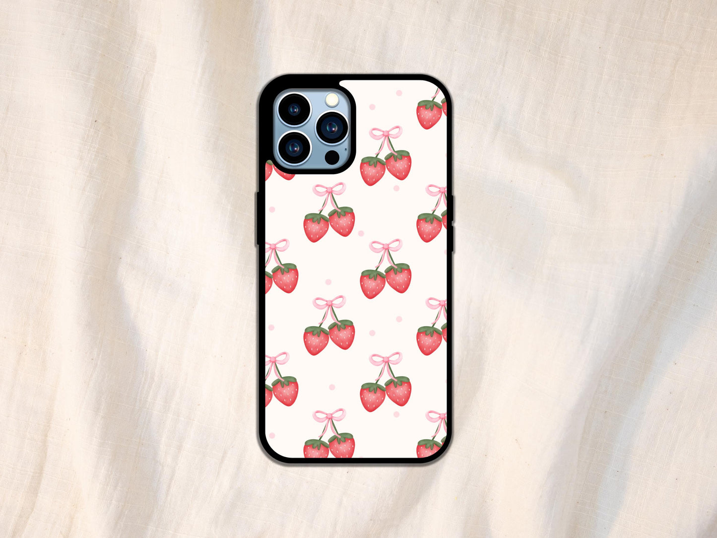 Strawberry Print Phone Case, Strawberries Pattern Plastic Rubber Phone Case For iPhone, Pink Strawberry Phone Cover, Cute Girly iPhone Cases