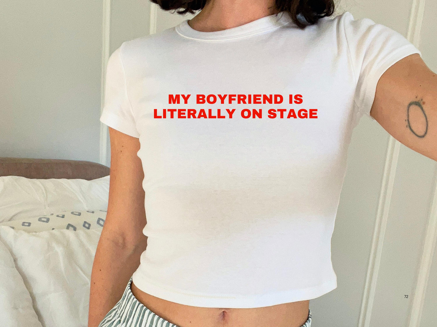 My Boyfriend Is Literally On Stage Baby Tee, Boyfriend On Stage Baby Tee, Y2K Baby Fitted Tee, Trending Y2K Aesthetic Tee, Slogan Crop Top