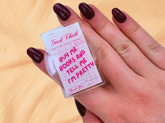 Buy Me Books and Tell Me I’m Pretty Phone Grip, Bookish Kindle Holder, Cute Book Lover Gift, Funny Kindle Reader Accessory, Pink Guest Check