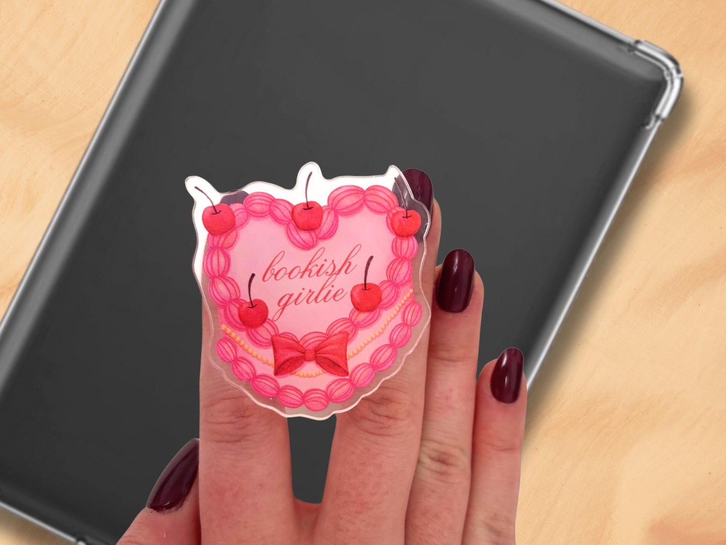 Bookish Girlie Kindle Grip Phone Holder, Cute Book Lover Gift, Funny Kindle Aesthetic Reader Accessory, Pink Coquette Bookish Girl Gift